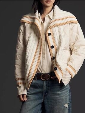 Avec Les Filles x Anthropologie Quilted Cable Sweater Puffer Jacket Cream Sz XL